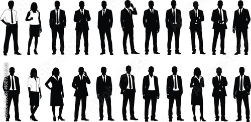 Set of business people silhouettes, black vector image of professional men and women in suits standing and using phones, isolated on white background.