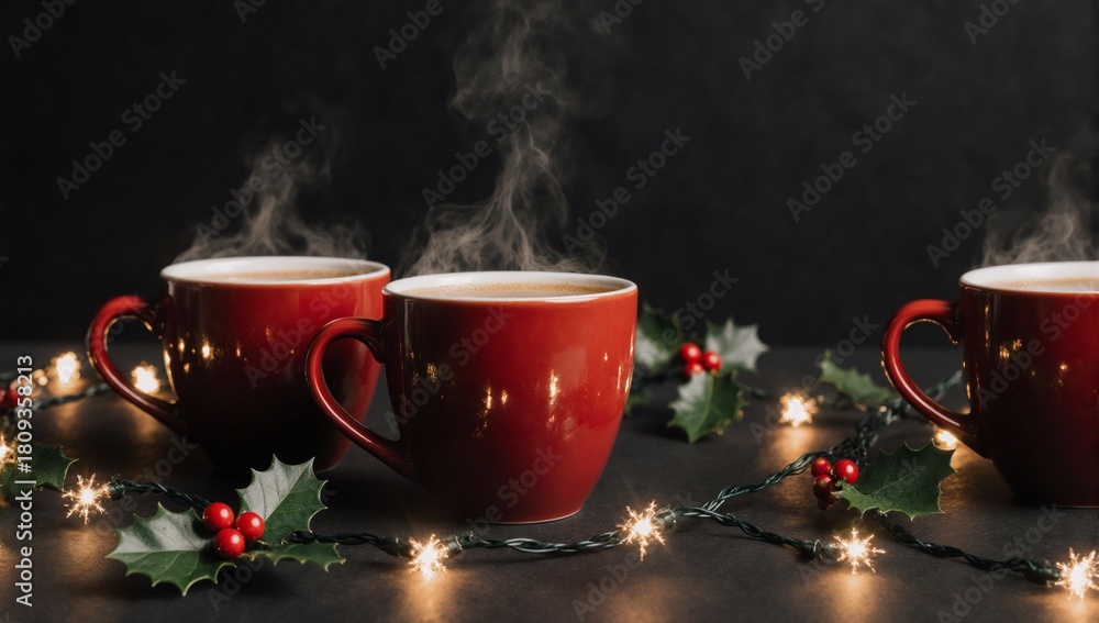 Fototapeta premium Black paper background with two red coffee cups and Christmas decorations