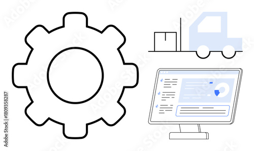Large gear with a delivery truck and cargo box alongside a computer monitor showing analytics. Ideal for logistics, supply chain, technology, process optimization, e-commerce, automation, efficiency