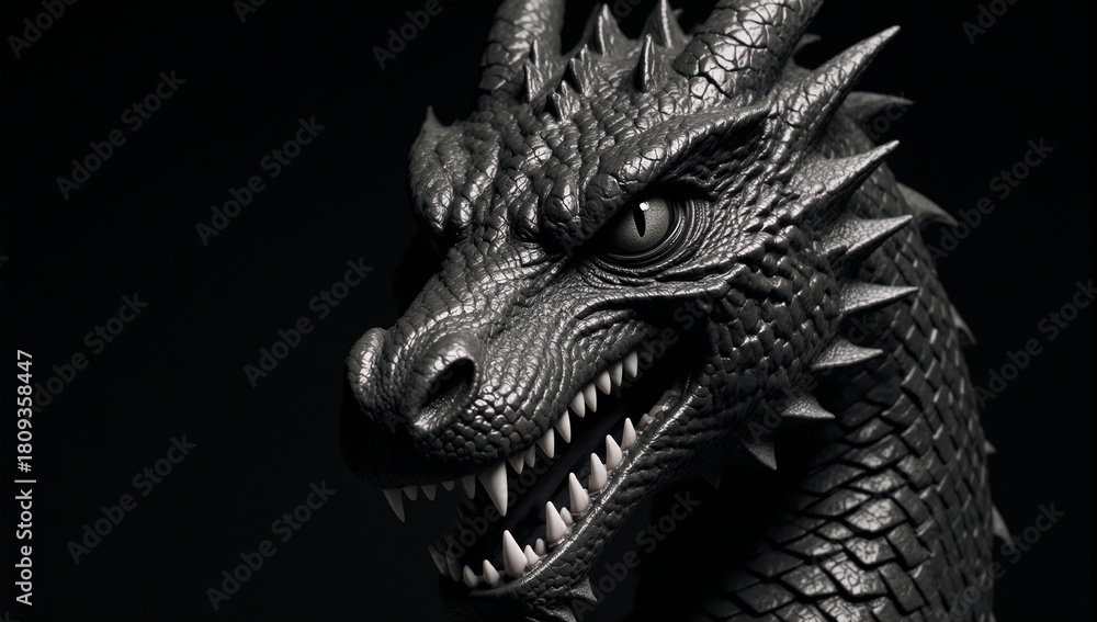 Fototapeta premium Dragon head showcases sharp teeth and intense gaze outlined in black