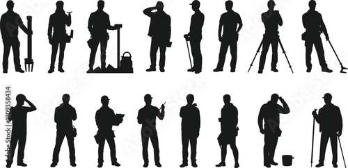 Set of construction and labor worker silhouettes, black vector image of tradesmen with tools, helmets, and equipment in various standing poses, isolated on white background.