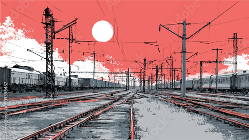 Train Yard Scenery with Power Lines and Sun Background Poster