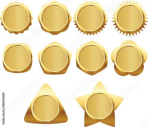 Vector set of shiny gold medal badge. For celebrating achievements, highlighting first place winners, marking special events, and enhancing premium branding materials.