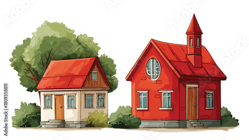 Vibrant Red House with a Red Roof and Front Porch