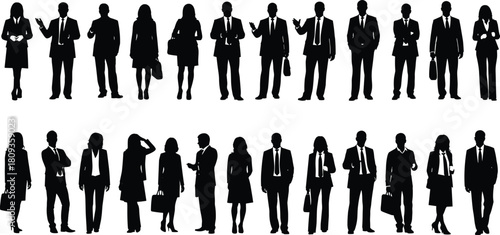 Set of diverse business people silhouettes, black vector image of professional men and women in suits holding bags and briefcases, isolated on white background.
