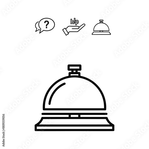 Hotel service bell with help and question icons, representing customer assistance and support, isolated on
