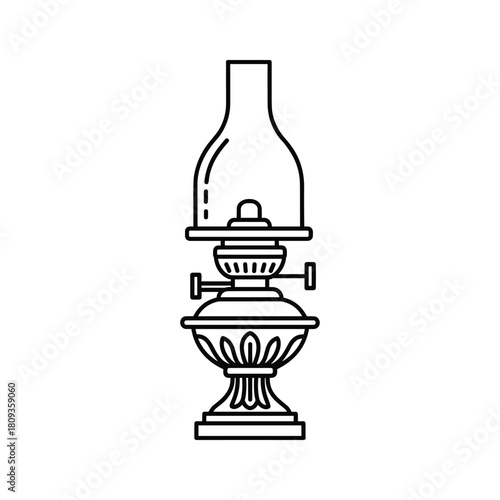 Detailed line art of an antique oil lamp isolated on, showcasing vintage lighting design