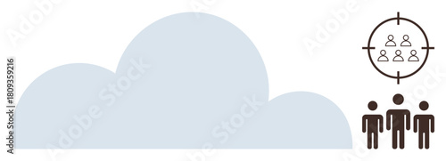Large cloud representing cloud computing paired with a group icon in a target. Ideal for data management, digital marketing, audience targeting, cloud storage, teamwork, analytics, simple flat