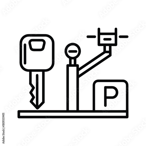Car key, parking meter, and parking sign icon for vehicle parking, isolated on
