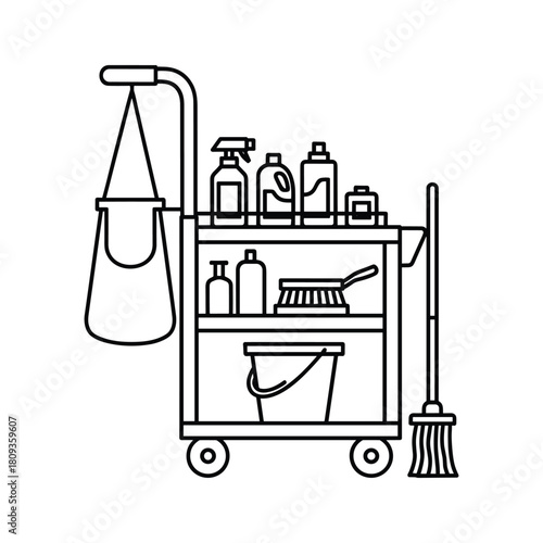 Line art icon of a cleaning cart filled with various supplies like bottles, a broom, and a bucket