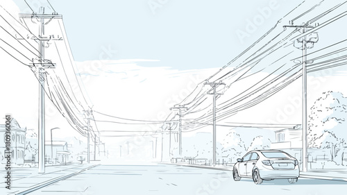 Urban Street with Power Lines and Car Driving Vector