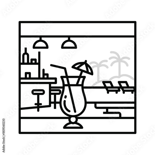Tropical cocktail bar with palm trees and lounge chairs, representing vacation, relaxation, and summer holidays