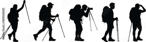 Set of male hiker silhouettes with large backpacks and trekking poles, black vector image of tourists walking, exploring, and taking photos on white background.