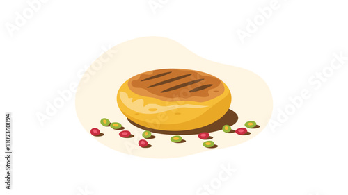 Grilled Halloumi Cheese with Pepper Berry Garnish, Gourmet Dish Vector Illustration, Appetizing Food Art, Mediterranean Cuisine, Flat Design Style, Healthy Eating Concept, Summer BBQ