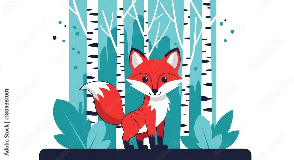 Obraz premium Cartoon fox in a birch forest with green leaves