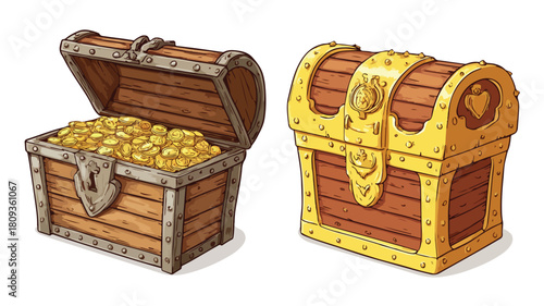 Vintage Wooden Treasure Chest with Gold Coins and Large Lock - Riches of the Past