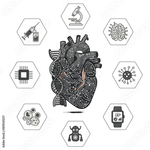 Future of Medicine: Conceptual Illustration of Human Heart as Circuit Board with DNA, Brain, Virus, Chip, Robot, Microscope, Vaccine and Smartwatch icons
