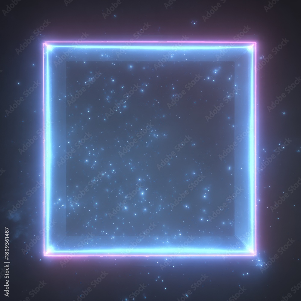 Obraz premium Glowing square neon frame with blue light and sparkling particles against a dark background