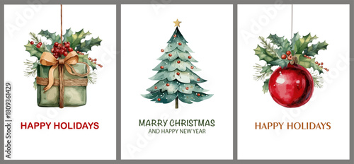 A set of watercolor New Year's and Christmas greeting cards with winter elements. Christmas tree, gift, Christmas ball. Posters, corporate design, invitations. Vector illustration.