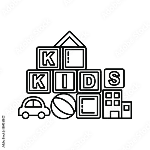 Line art icon of childrens building blocks spelling kids, a toy car, a ball, and a toy house
