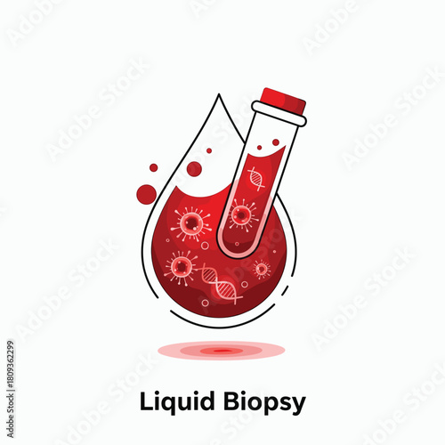 Liquid Biopsy: Blood Test Detecting Cancer Cells, DNA, and Virus. Vector Illustration Concept for Early Cancer Detection, Research, and Medical Diagnosis with Test Tube and Blood Drop.