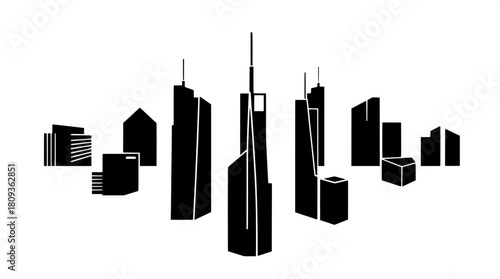 A minimalist collection of monochromatic cityscape icons consisting of nine sleek black skyscraper silhouettes with subtle white highlights, neatly aligned in a precise grid pattern, reminiscent of gr