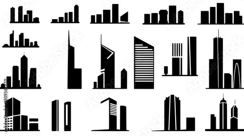 A minimalist collection of monochromatic cityscape icons consisting of nine sleek black skyscraper silhouettes with subtle white highlights, neatly aligned in a precise grid pattern, reminiscent of gr