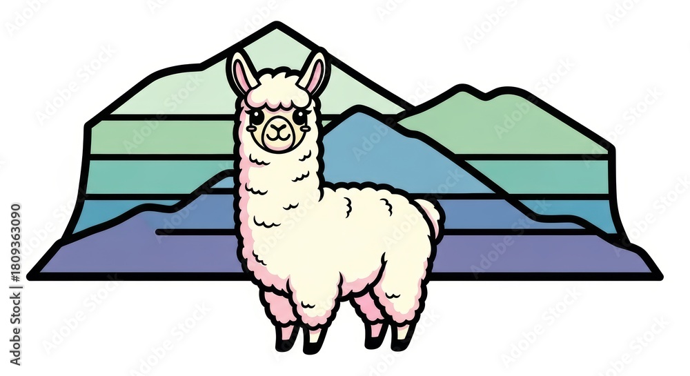Obraz premium Cartoon alpaca with colorful mountain background