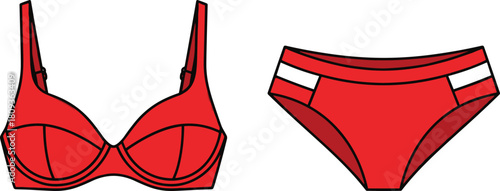 Red women's lingerie set fashion flat sketch, bikini bra and panties technical drawing, clothing template, cad drawing flat vector illustration