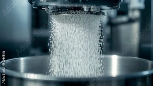 Industrial machine releasing small plastic pellets into a stainless steel container inside a modern manufacturing facility with precise automated processing
