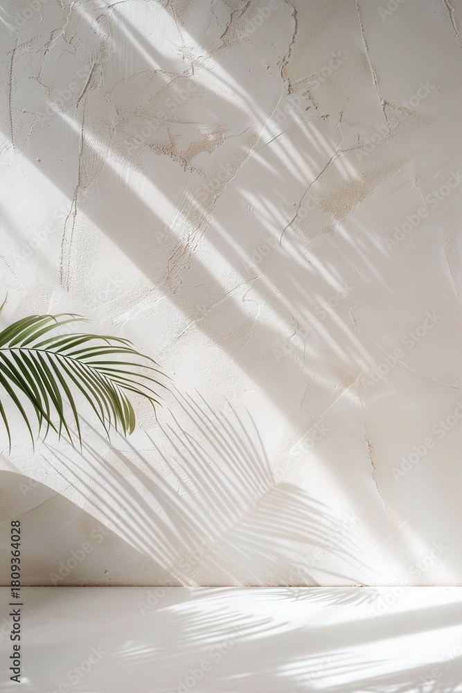 Fototapeta premium Delicate shadows cast by palm frond leaves dance on a smooth, light-colored wall, creating an inviting atmosphere in a calm indoor setting during the day