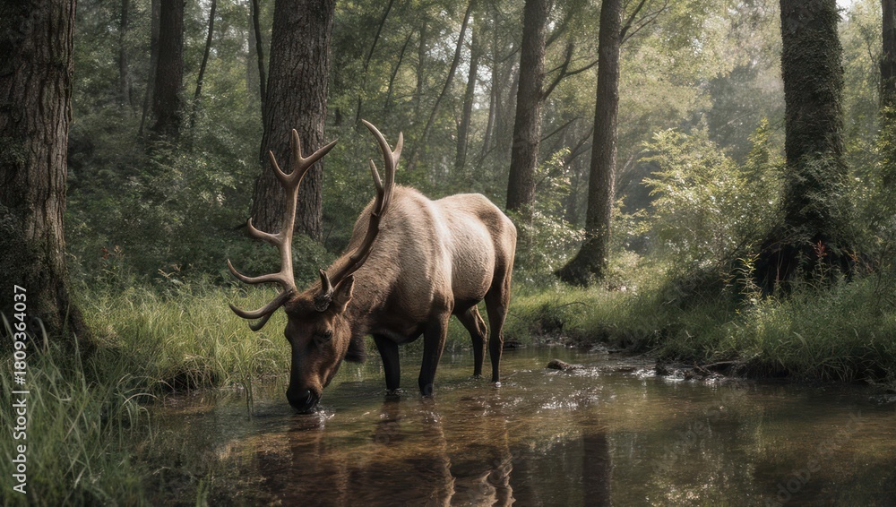 Fototapeta premium Majestic Elk Drinks Water in a Lush Forest Stream.
