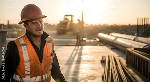 Dedicated construction worker overseeing project progress during golden hour for infrastructure and engineering excellence