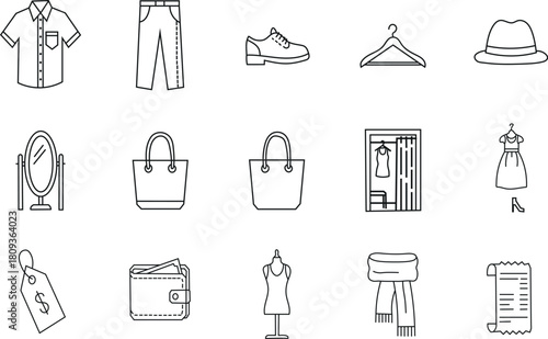 Fashion and Clothing Line Icons Set – Apparel, Accessories, Shopping, Price Tag, Wallet, Dressing Room, Mannequin, Shoes, Bags, Hat – Minimal Outline Vector Illustration