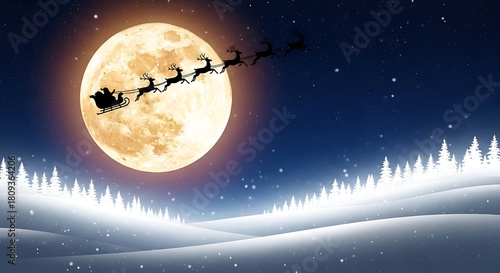 Wallpaper Mural Santas silhouette soars across a luminous full moon, his sleigh pulled by reindeer, casting a magical glow over a snowy winter wonderland landscape Torontodigital.ca