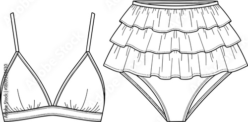 Uncolored ruffled triangle bikini set outline, high-waisted tiered brief, technical fashion flat sketch template, vector, cad drawing flat vector illustration