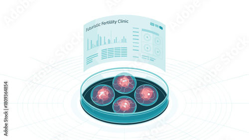 Futuristic Fertility Clinic: Advanced Technologies in Reproductive Healthcare and In Vitro Fertilization, Featuring Cell Analysis and Monitoring within a Modern, High-Tech Medical Setting