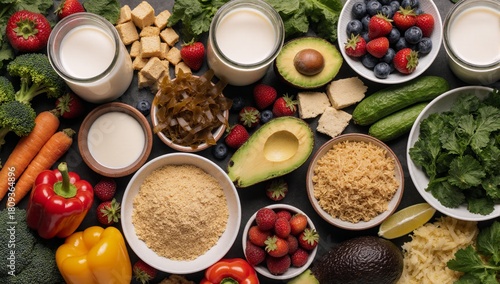 Vegan sources of Vitamin B12 and nutrient-rich foods artfully arranged in bowls top view