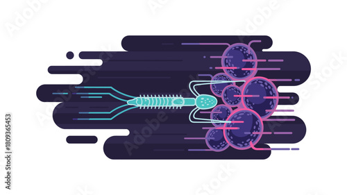 Abstract Bacteriophage Virus Illustration: Detailed vector art featuring a blue bacteriophage interacting with purple cells, showcasing modern scientific visualization, isolated on white background.