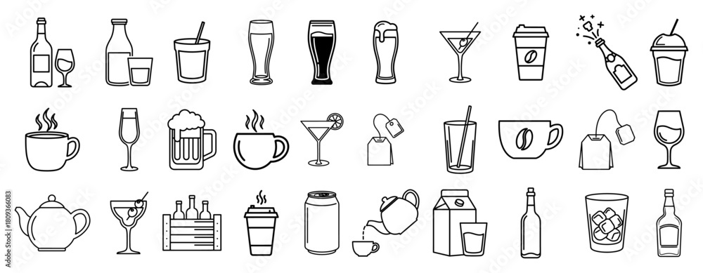 Fototapeta premium Coffee Alcohol and Soft Drink Outline Icons Vector Set