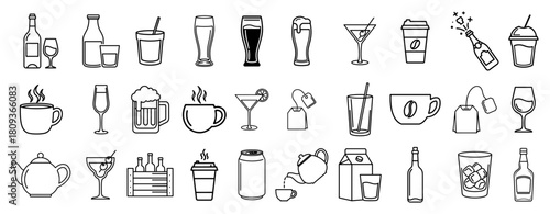 Coffee Alcohol and Soft Drink Outline Icons Vector Set