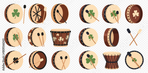 A diverse collection of traditional Irish bodhrán drums and various drumsticks, many featuring iconic green shamrock decorations.