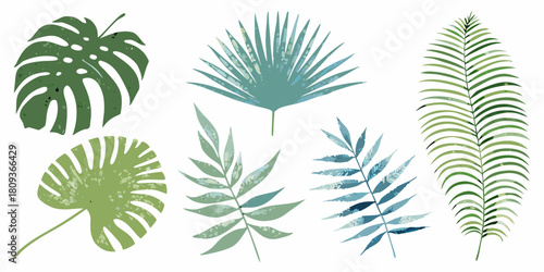 Tropical leaves collection monstera palm and ferns in watercolor style
