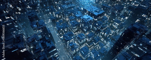 Futuristic Cityscape with Blue Tones and Abstract Design Elements.