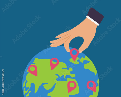 Hand put new branch pin on world map across globe