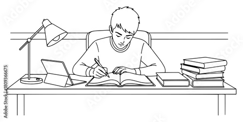 Student Studying at Desk Line Art Vector
