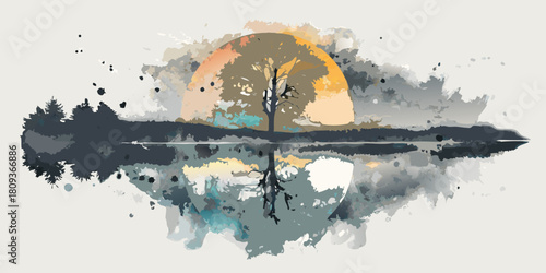Watercolor landscape with tree silhouette and reflection on water surface