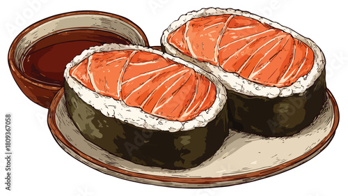 Adorable Cartoon Salmon Sushi in Shoyu Sauce for Foodies and Japanese Cuisine Lovers