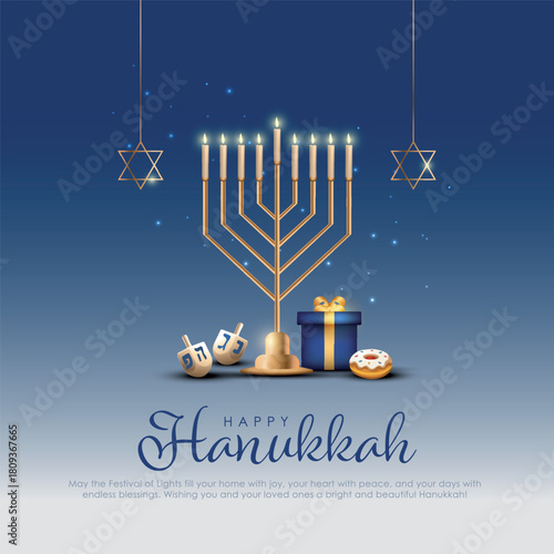 Vector illustration of Jewish holiday Hanukkah on blue background. Creative Celebration banner design for Israel.