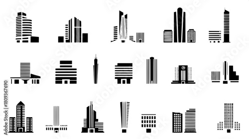 Nine sleek, modern, geometric building icons in precise black-and-white tones, arranged in a meticulous grid layout reminiscent of a professional design set, featuring a diverse array of contemporary 
